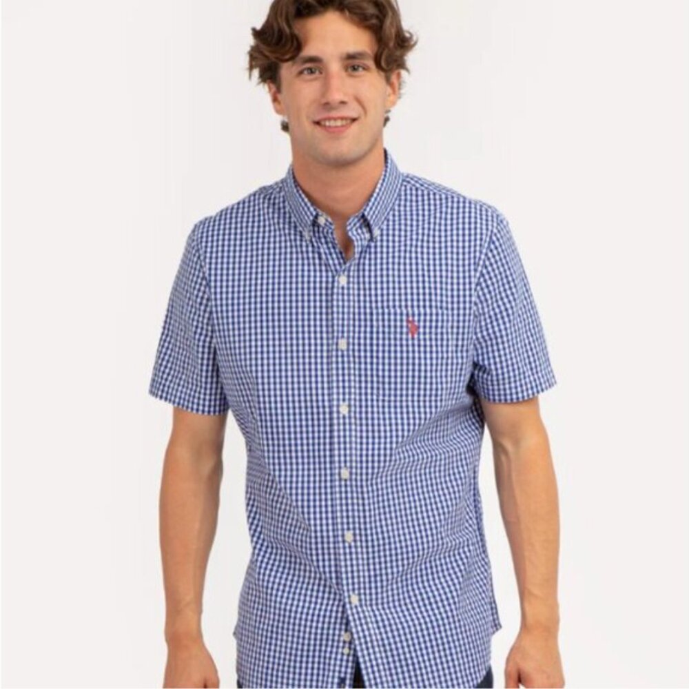 Men's Polo Blue/White Ralph Lauren Short Sleeve Dress Shirt (Size: XL)